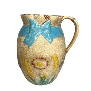 Simon Fielding Majolica Pitcher Ribbon Pattern Antique 8 Inch Wildflower Ribbon